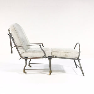 Antique French Metal Campaign Chaise Chair with Brazilian Cowhide Cushions