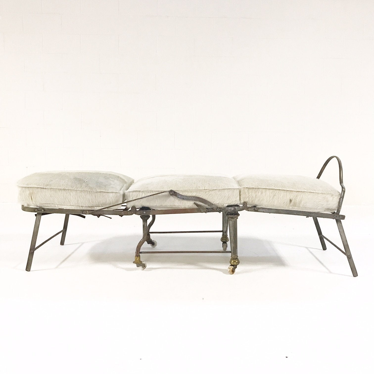 Antique French Metal Campaign Chaise Chair with Brazilian Cowhide Cushions