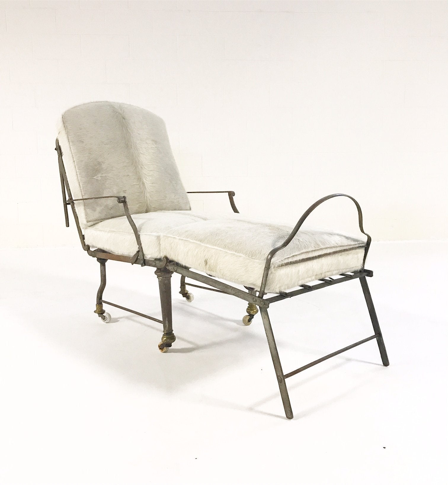 Antique French Metal Campaign Chaise Chair with Brazilian Cowhide Cushions