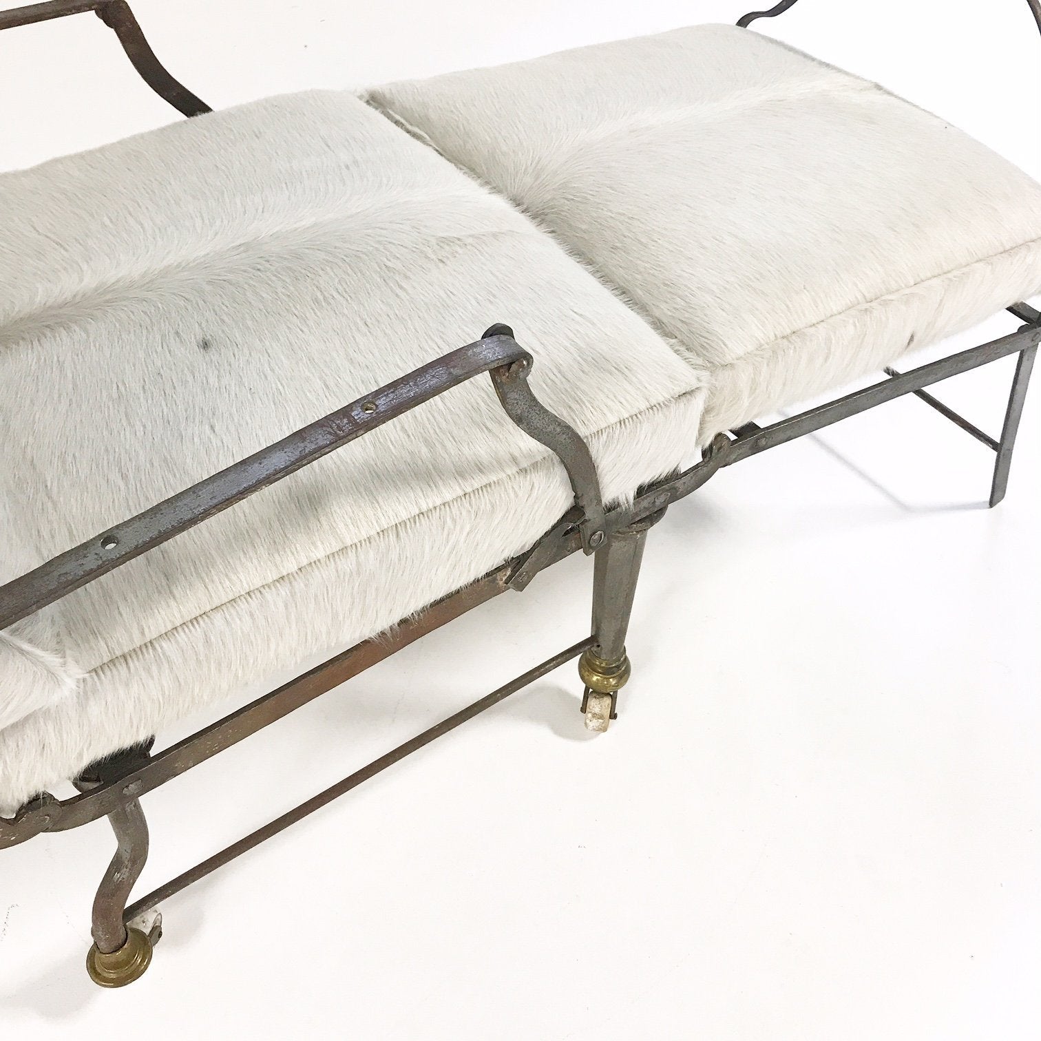 Antique French Metal Campaign Chaise Chair with Brazilian Cowhide Cushions