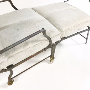 Antique French Metal Campaign Chaise Chair with Brazilian Cowhide Cushions