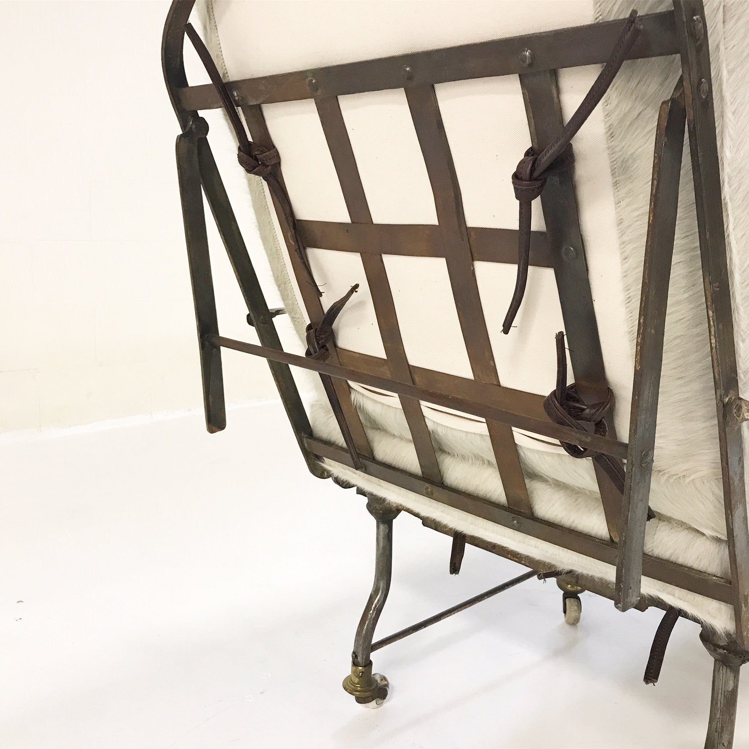 Antique French Metal Campaign Chaise Chair with Brazilian Cowhide Cushions