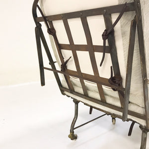 Antique French Metal Campaign Chaise Chair with Brazilian Cowhide Cushions