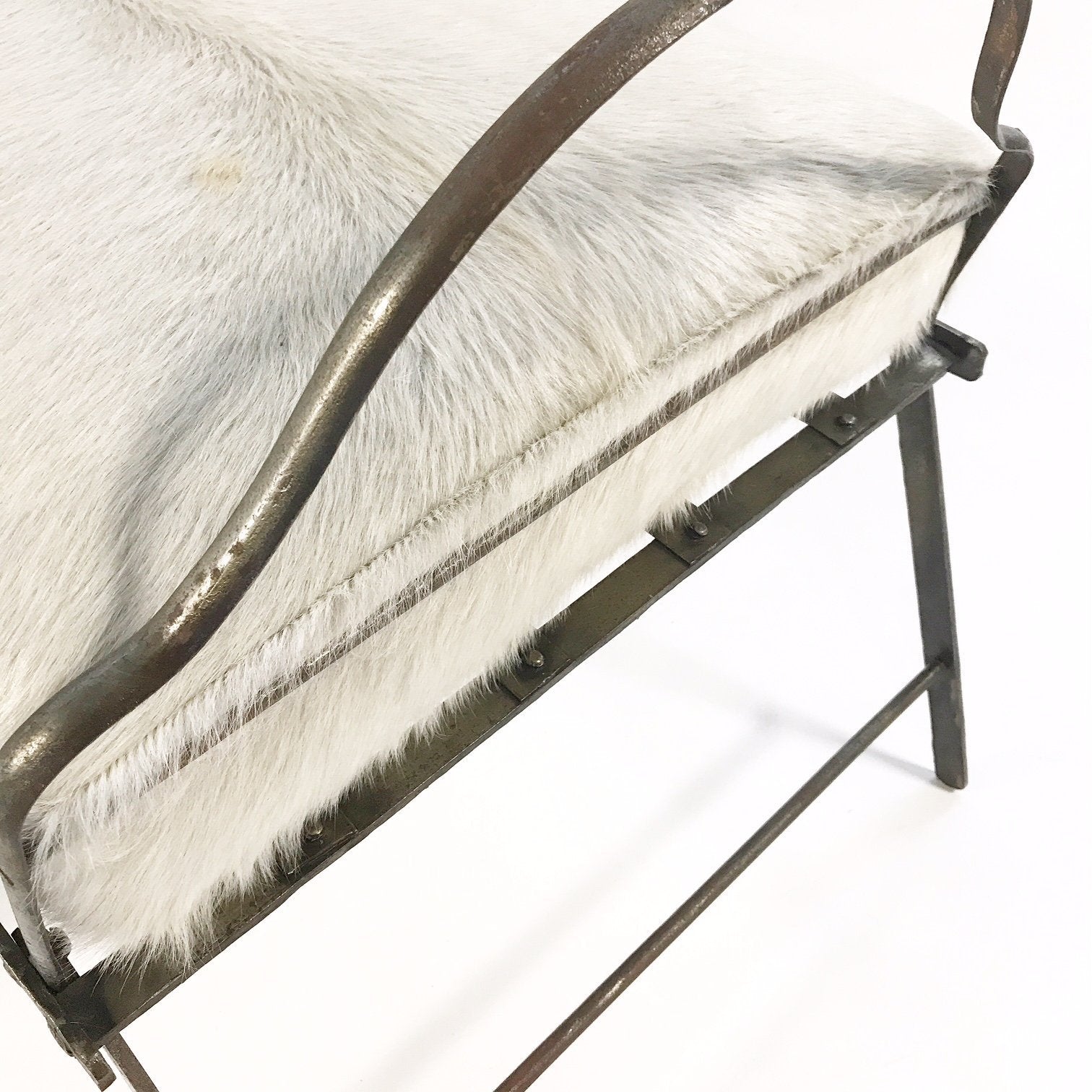 Antique French Metal Campaign Chaise Chair with Brazilian Cowhide Cushions