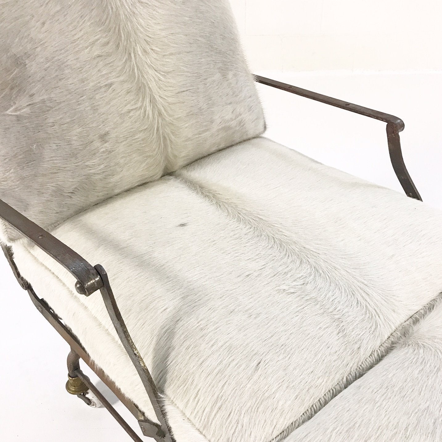 Antique French Metal Campaign Chaise Chair with Brazilian Cowhide Cushions