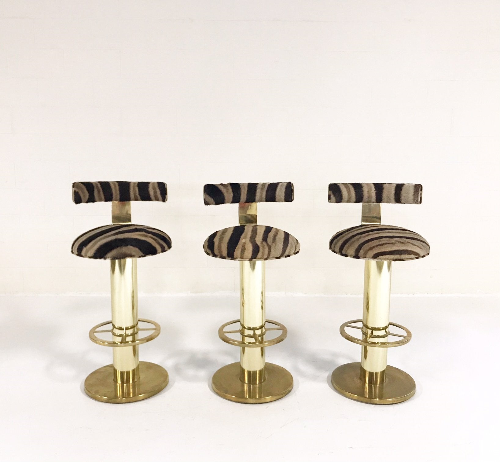 Design for Leisure Brass Bar Stool Chairs in Zebra Hide - Set of 3