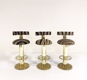 Design for Leisure Brass Bar Stool Chairs in Zebra Hide - Set of 3