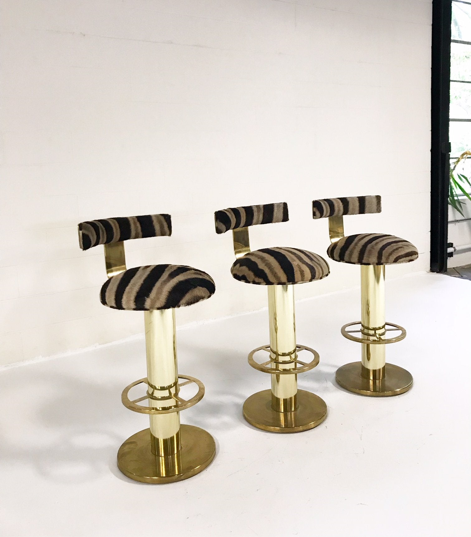 Design for Leisure Brass Bar Stool Chairs in Zebra Hide - Set of 3
