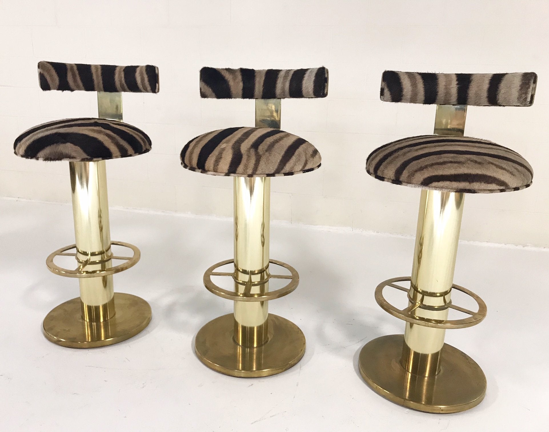 Design for Leisure Brass Bar Stool Chairs in Zebra Hide - Set of 3