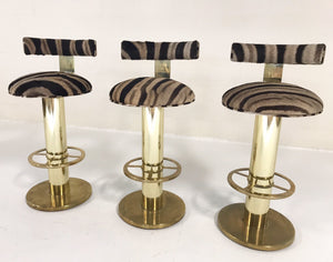 Design for Leisure Brass Bar Stool Chairs in Zebra Hide - Set of 3