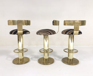 Design for Leisure Brass Bar Stool Chairs in Zebra Hide - Set of 3
