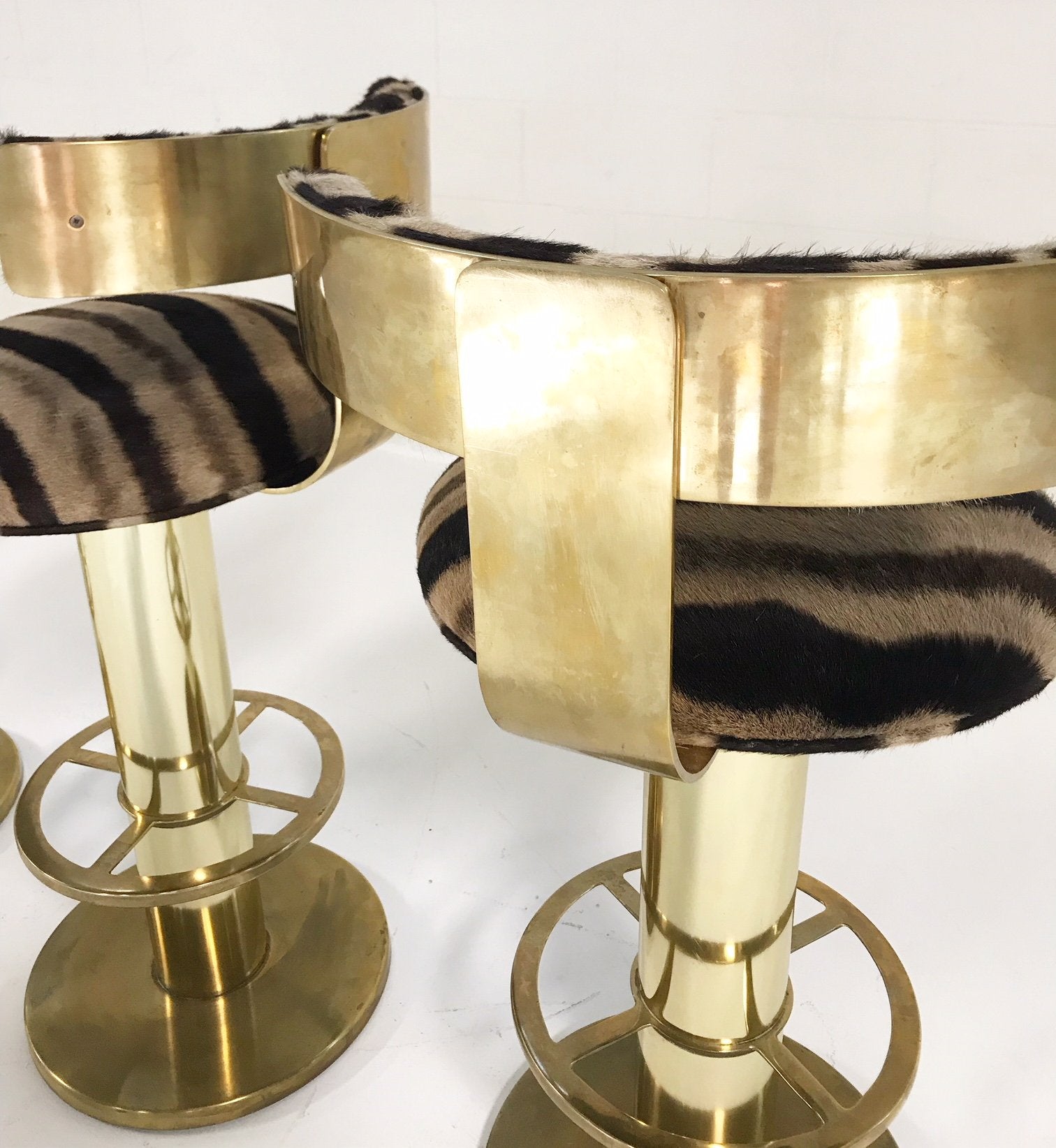 Design for Leisure Brass Bar Stool Chairs in Zebra Hide - Set of 3