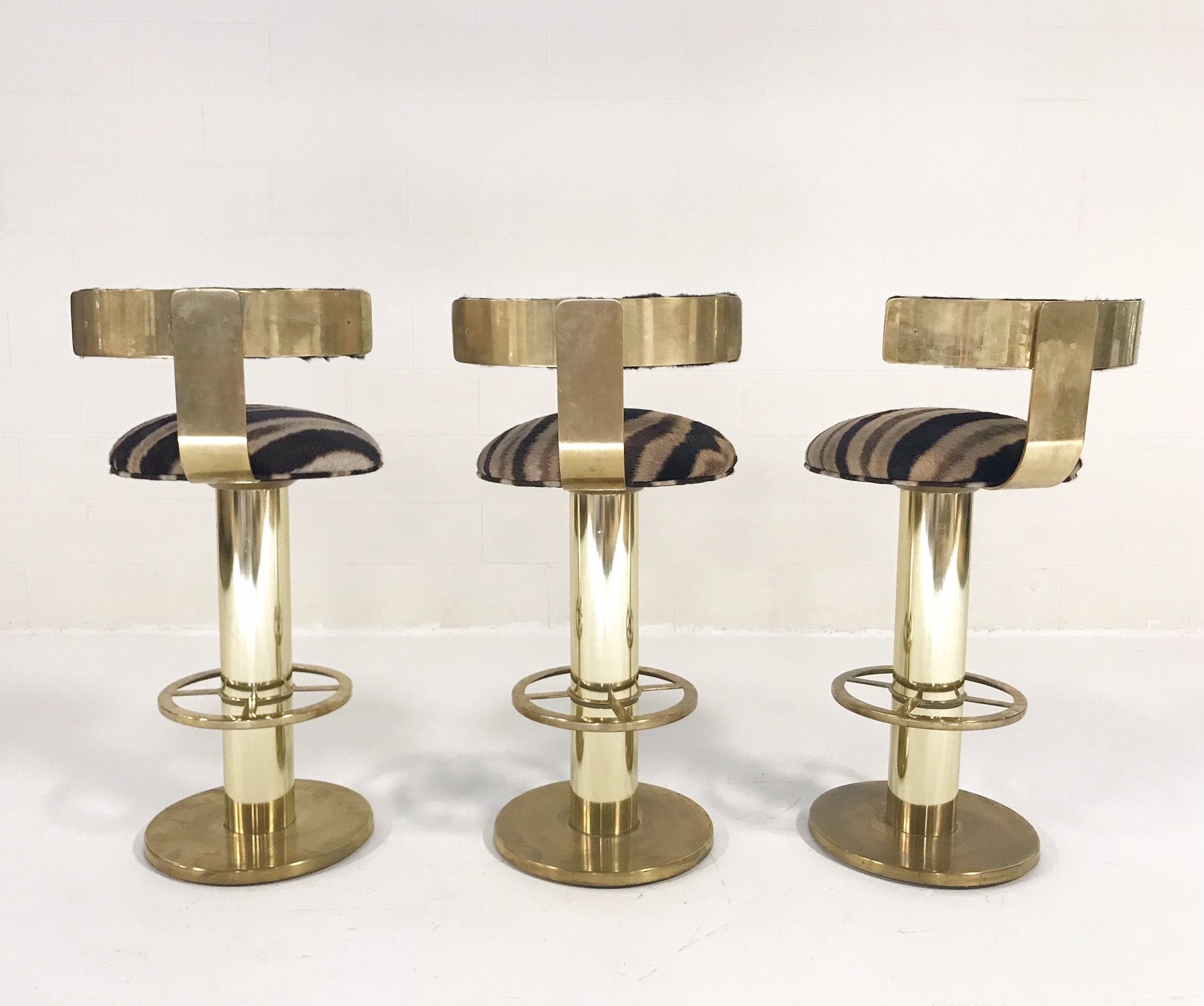 Design for Leisure Brass Bar Stool Chairs in Zebra Hide - Set of 3