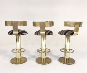 Design for Leisure Brass Bar Stool Chairs in Zebra Hide - Set of 3