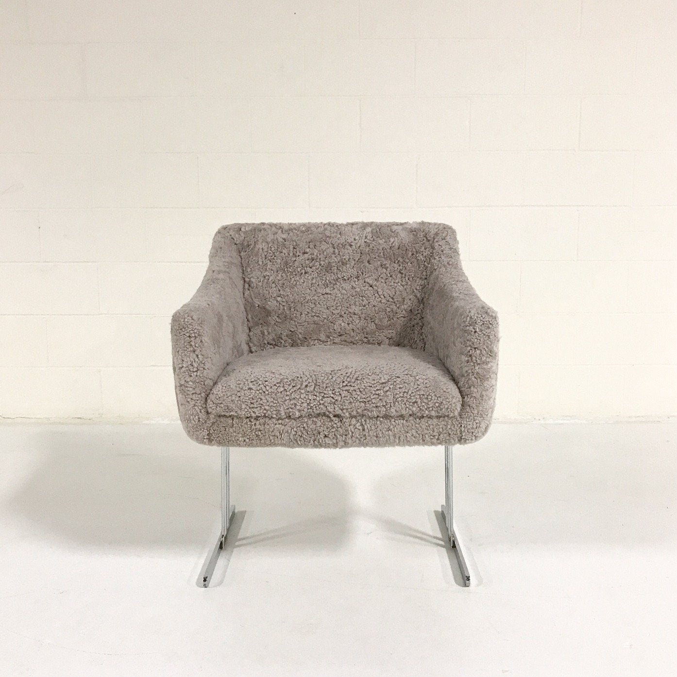 Hugh Acton Armchair with Metal Base in Short Grey Sheepskin