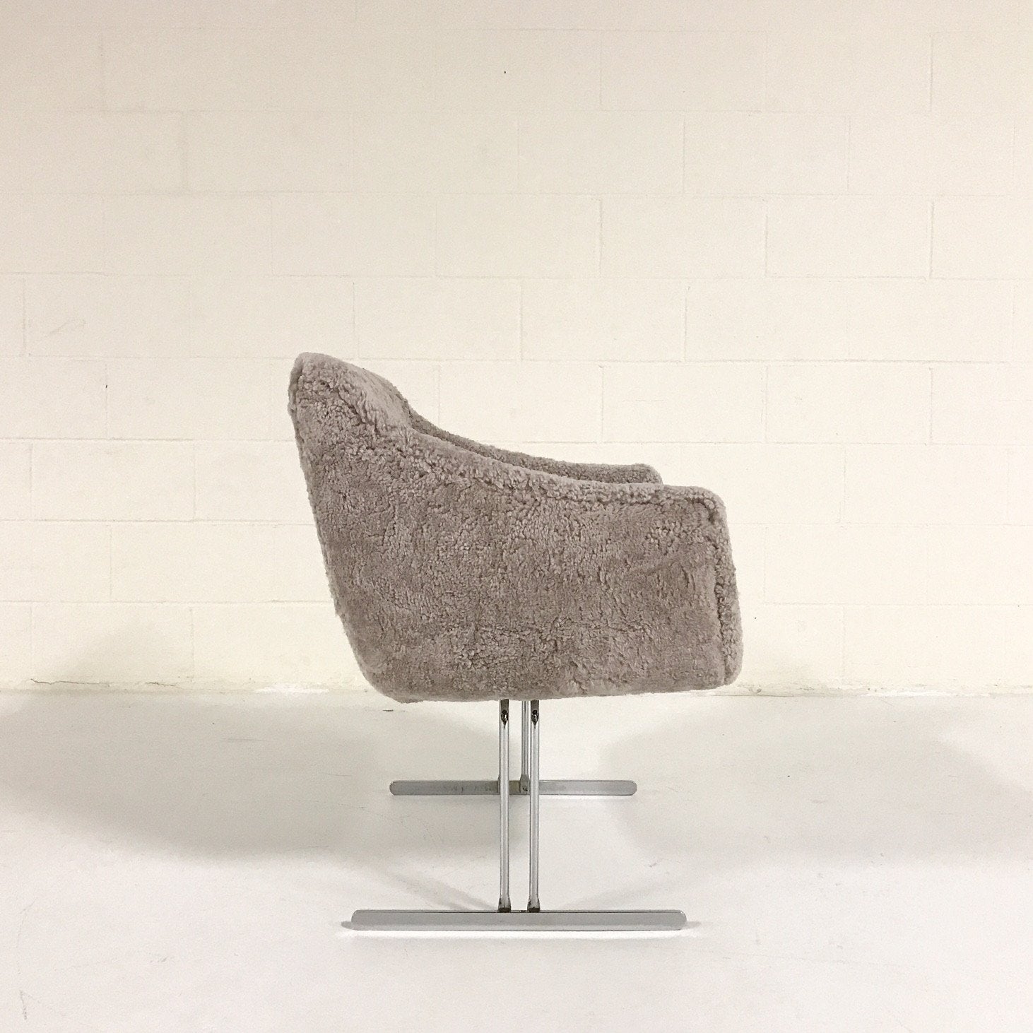 Hugh Acton Armchair with Metal Base in Short Grey Sheepskin