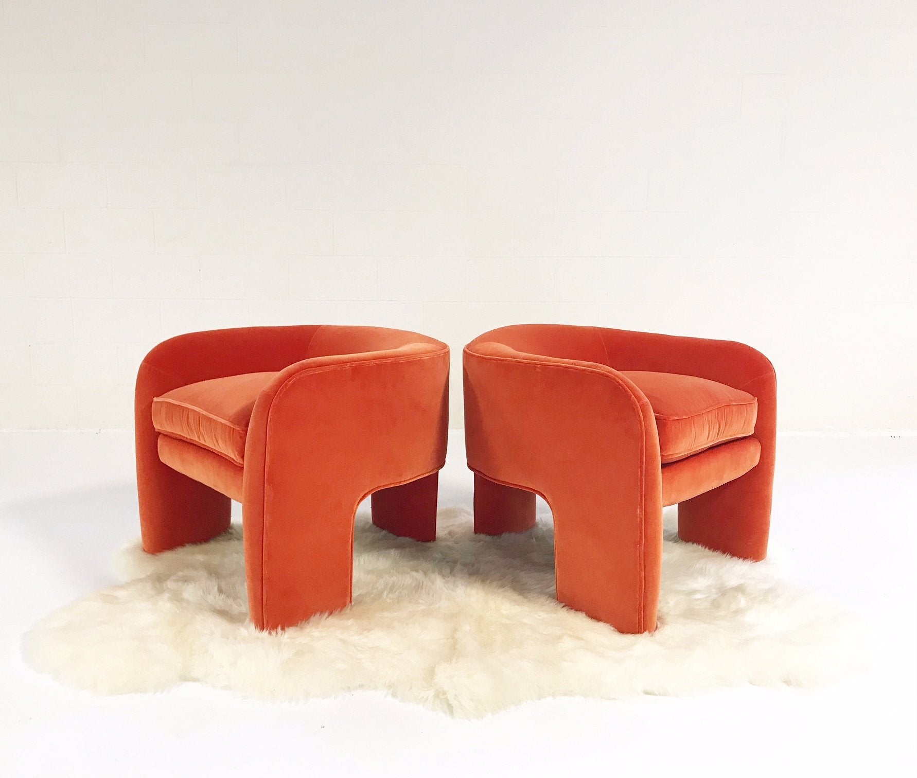 Vladimir Kagan Sculptural Armchairs in Loro Piana Orange Velvet with Sheepskin Rug