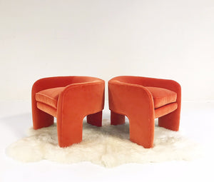 Vladimir Kagan Sculptural Armchairs in Loro Piana Orange Velvet with Sheepskin Rug