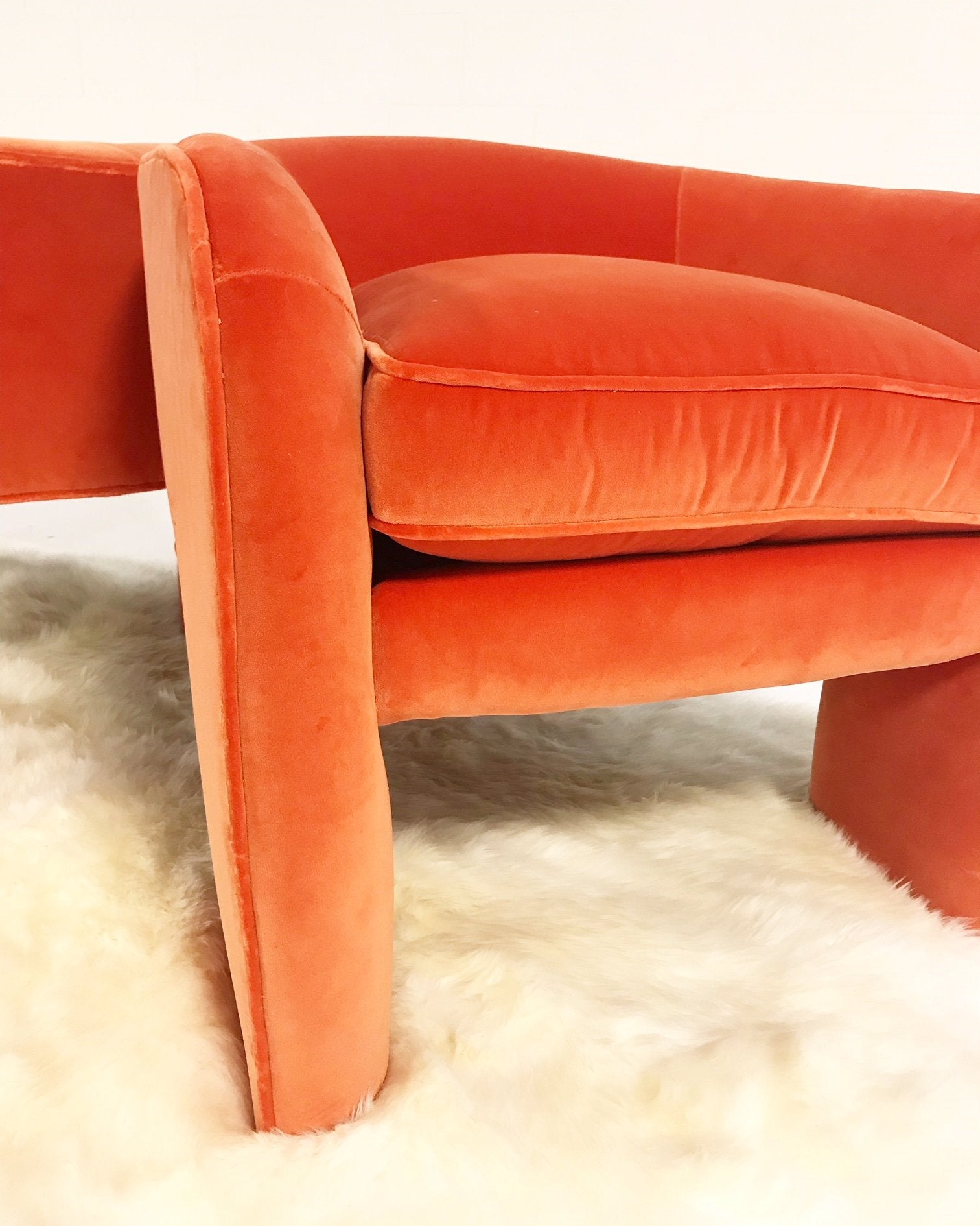 Vladimir Kagan Sculptural Armchairs in Loro Piana Orange Velvet with Sheepskin Rug