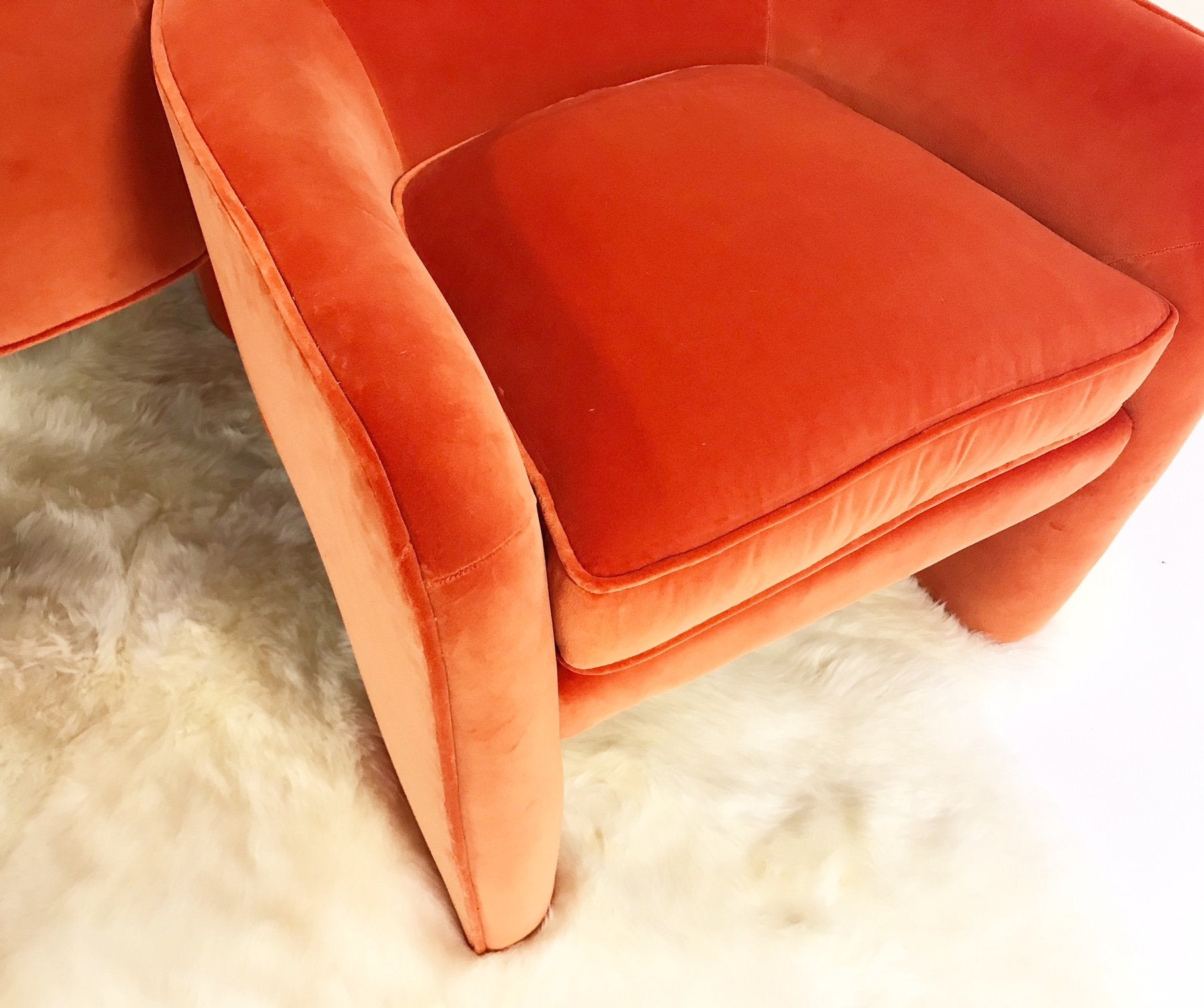 Vladimir Kagan Sculptural Armchairs in Loro Piana Orange Velvet with Sheepskin Rug