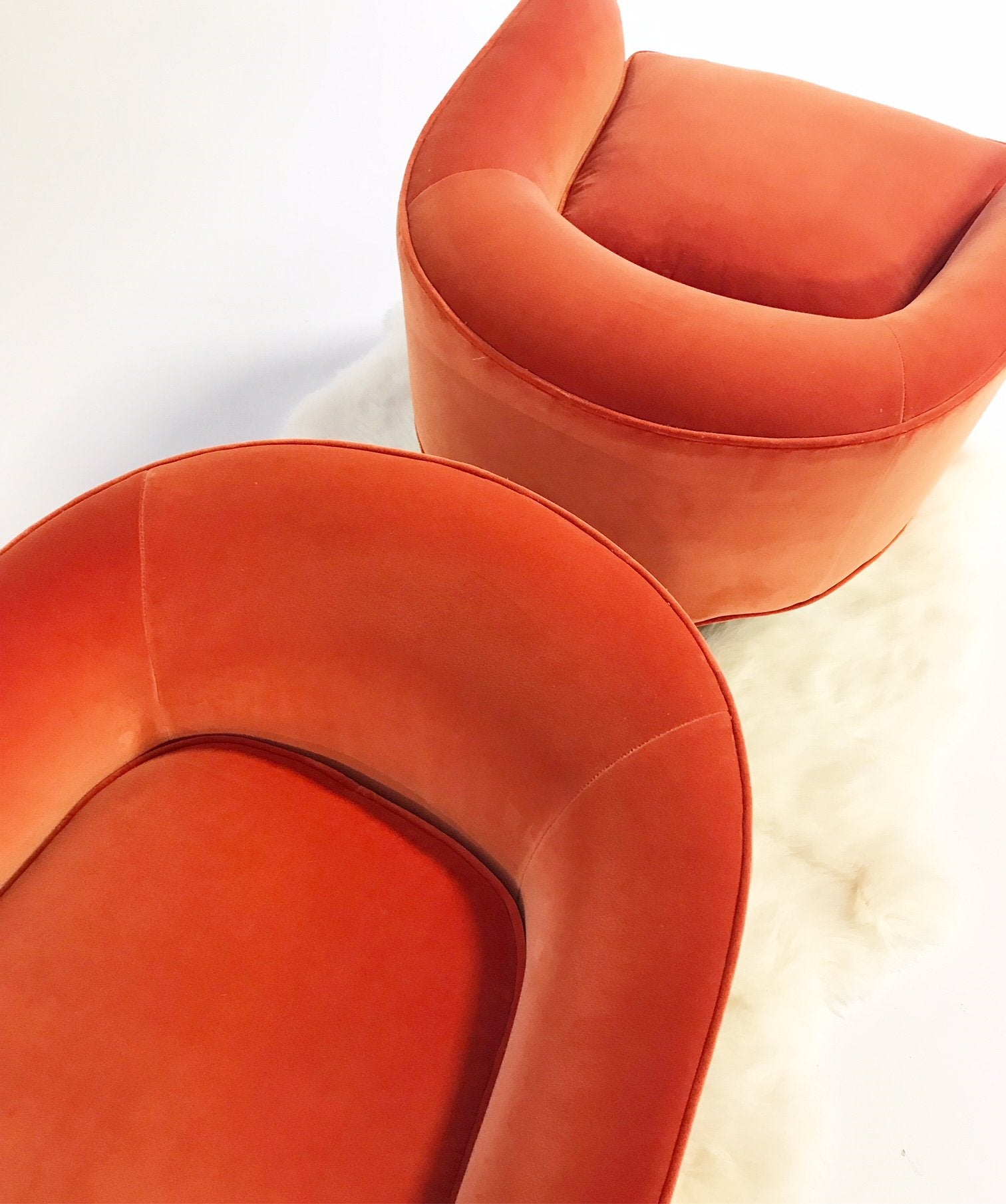 Vladimir Kagan Sculptural Armchairs in Loro Piana Orange Velvet with Sheepskin Rug