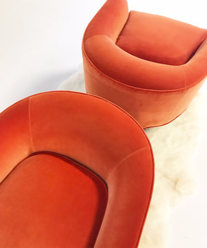 Vladimir Kagan Sculptural Armchairs in Loro Piana Orange Velvet with Sheepskin Rug