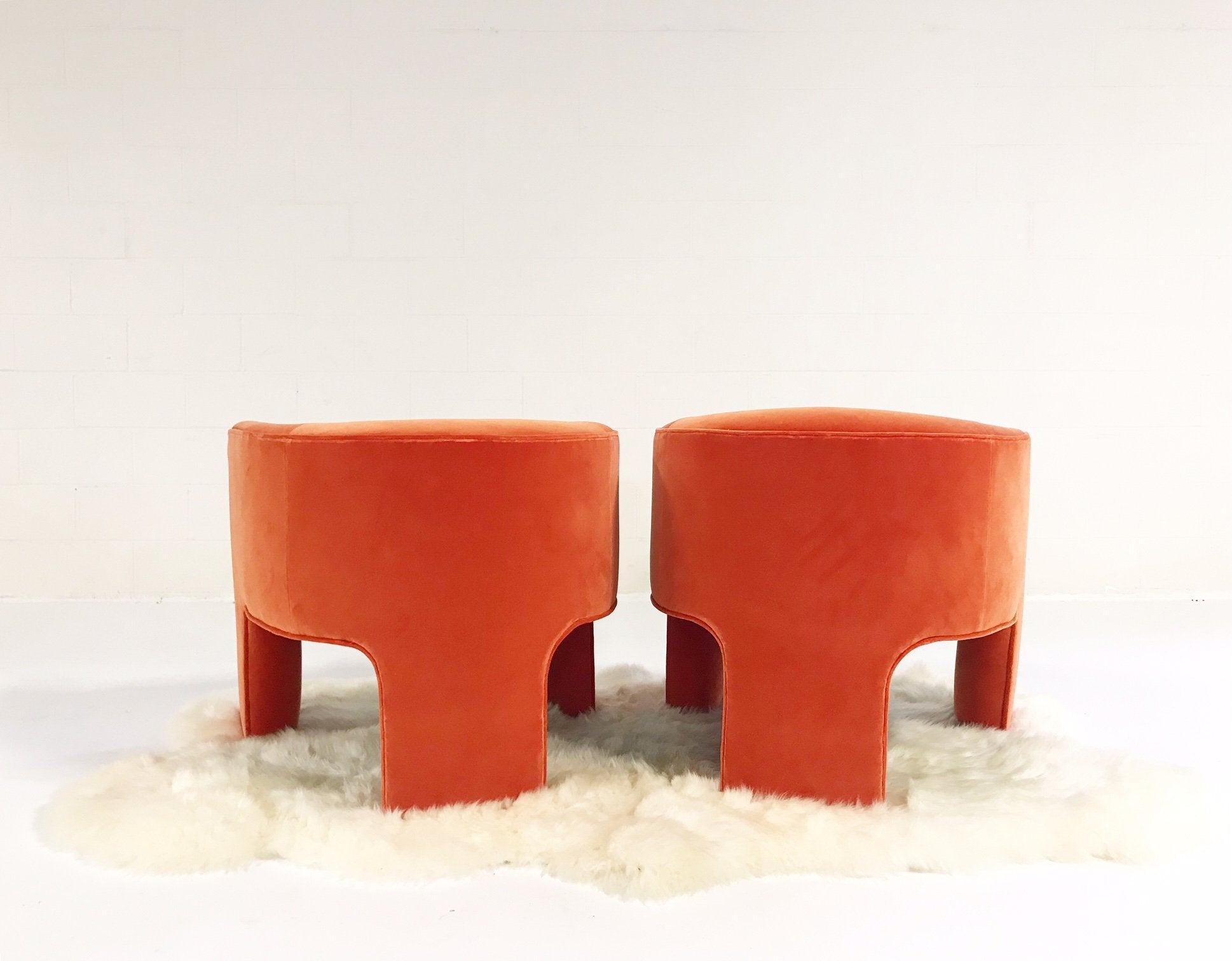 Vladimir Kagan Sculptural Armchairs in Loro Piana Orange Velvet with Sheepskin Rug