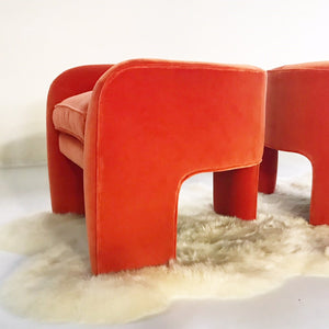 Vladimir Kagan Sculptural Armchairs in Loro Piana Orange Velvet with Sheepskin Rug