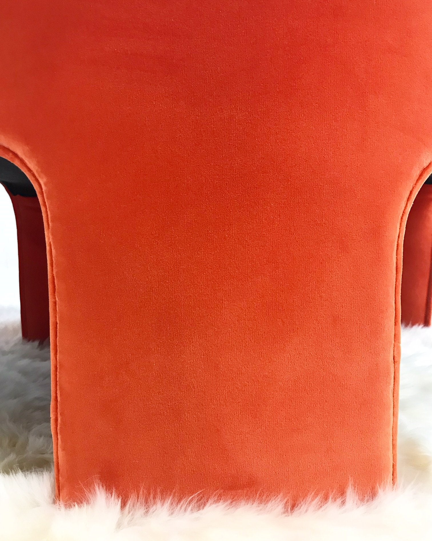 Vladimir Kagan Sculptural Armchairs in Loro Piana Orange Velvet with Sheepskin Rug