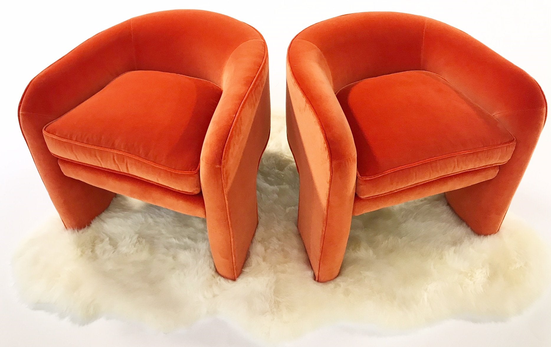 Vladimir Kagan Sculptural Armchairs in Loro Piana Orange Velvet with Sheepskin Rug