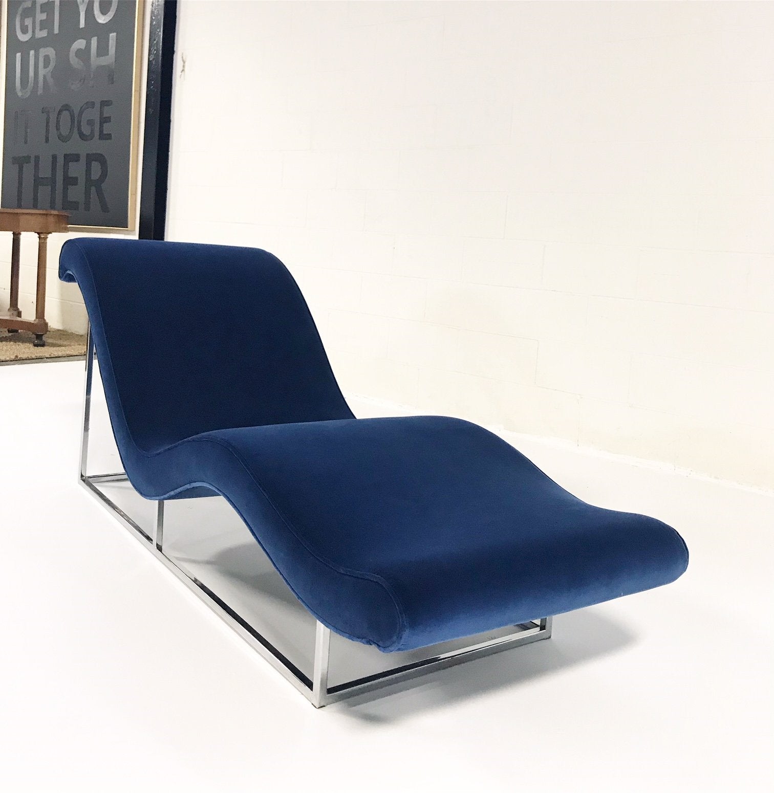 c. 1970 Milo Baughman Chaise Lounge Chair in Loro Piana Blue Velvet