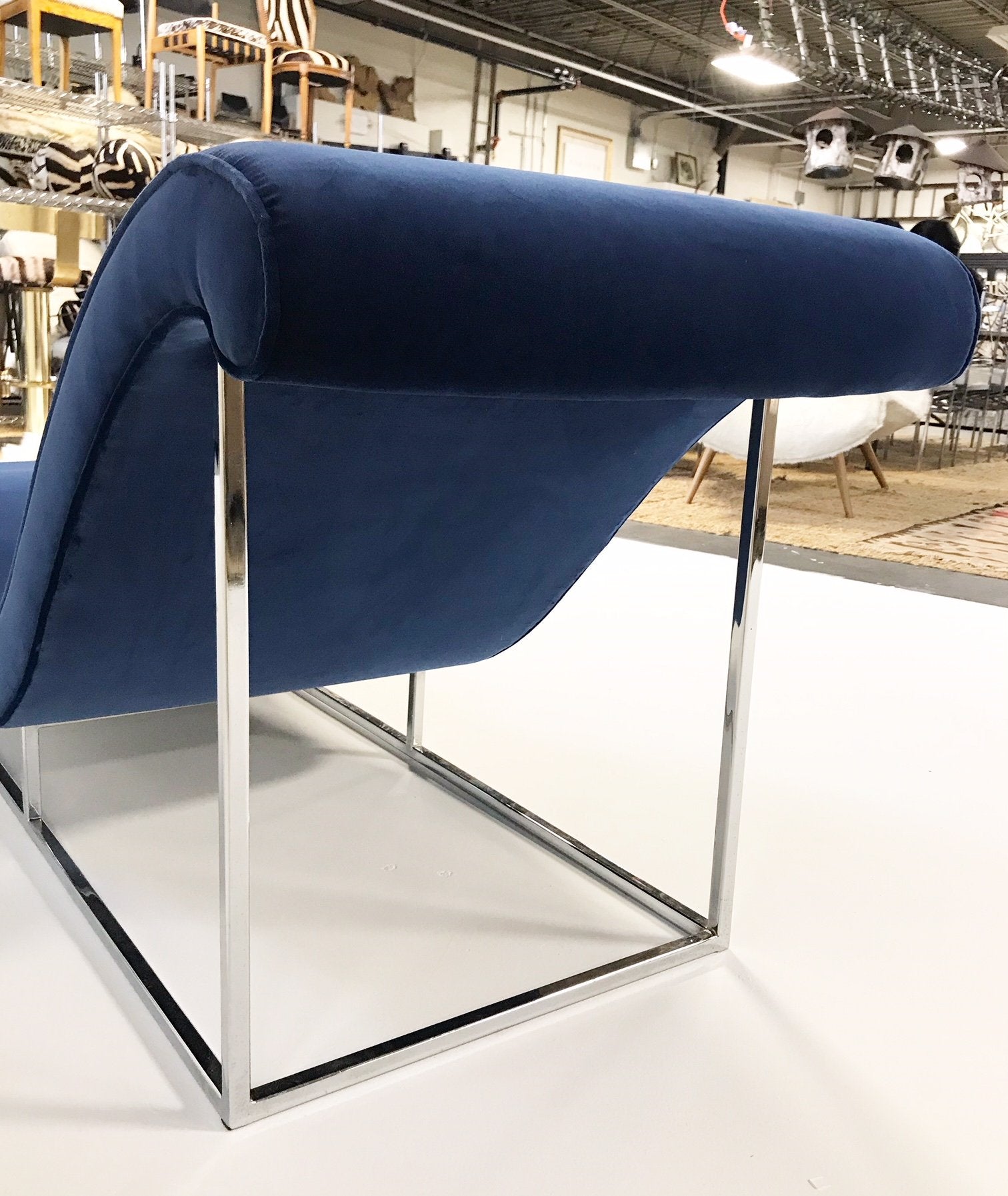 c. 1970 Milo Baughman Chaise Lounge Chair in Loro Piana Blue Velvet