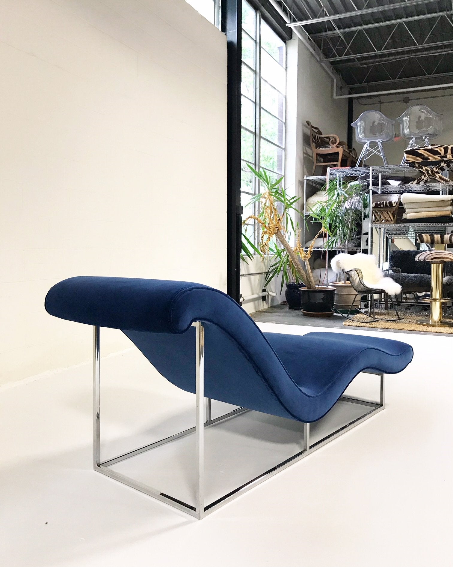 c. 1970 Milo Baughman Chaise Lounge Chair in Loro Piana Blue Velvet