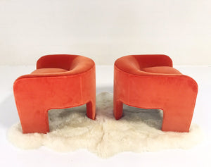 Vladimir Kagan Sculptural Armchairs in Loro Piana Orange Velvet with Sheepskin Rug