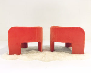 Vladimir Kagan Sculptural Armchairs in Loro Piana Orange Velvet with Sheepskin Rug