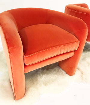 Vladimir Kagan Sculptural Armchairs in Loro Piana Orange Velvet with Sheepskin Rug