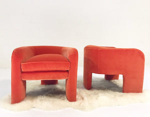 Vladimir Kagan Sculptural Armchairs in Loro Piana Orange Velvet with Sheepskin Rug