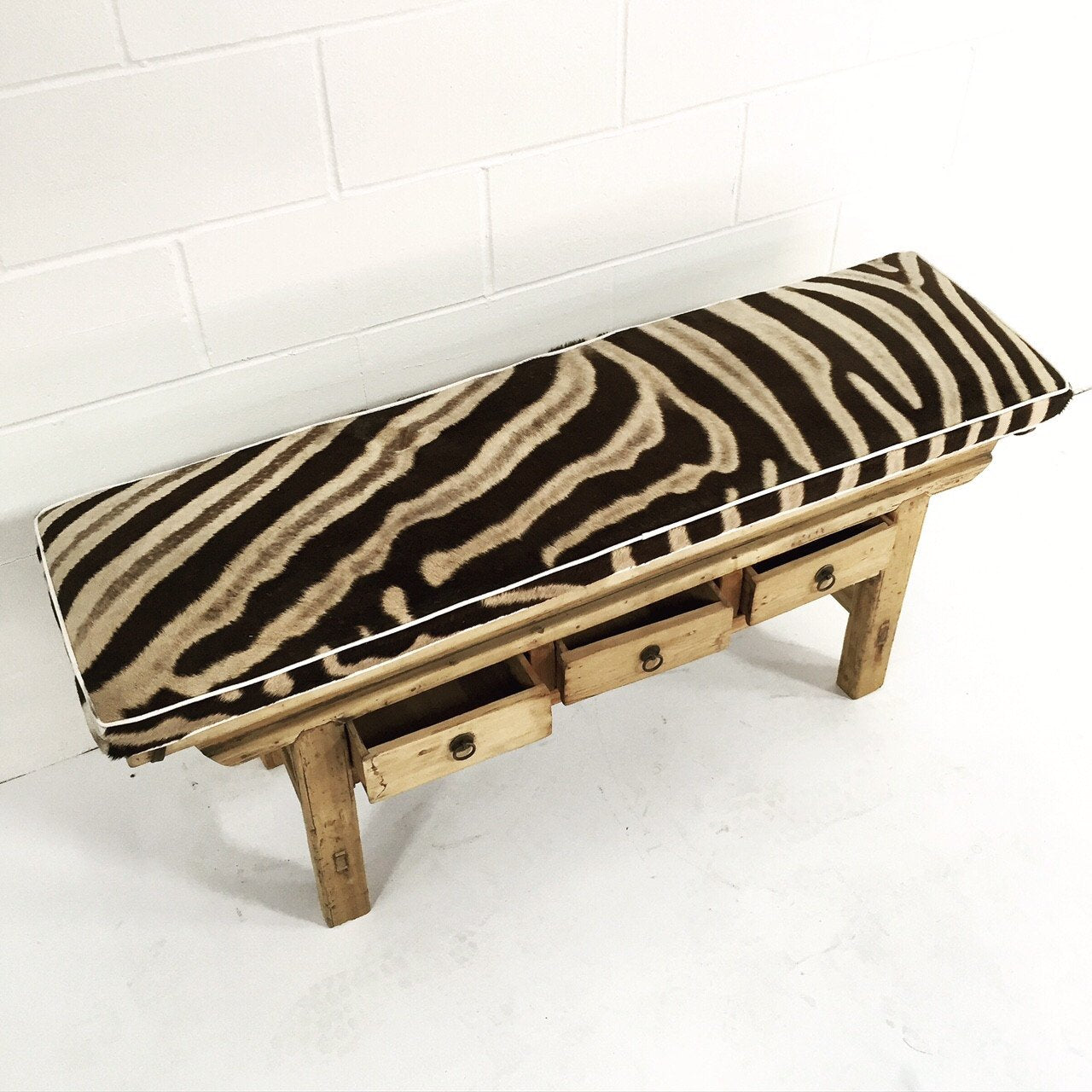 VINTAGE CHINESE 3-DRAWER RUSTIC BENCH WITH ZEBRA HIDE CUSHION - NO.15