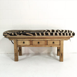VINTAGE CHINESE 3-DRAWER RUSTIC BENCH WITH ZEBRA HIDE CUSHION - NO.15