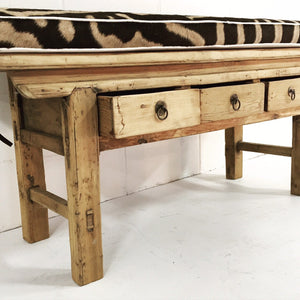VINTAGE CHINESE 3-DRAWER RUSTIC BENCH WITH ZEBRA HIDE CUSHION - NO.15