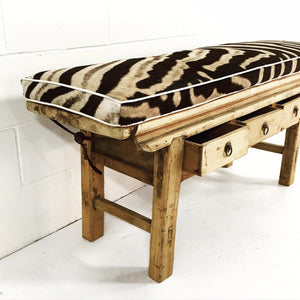 VINTAGE CHINESE 3-DRAWER RUSTIC BENCH WITH ZEBRA HIDE CUSHION - NO.15
