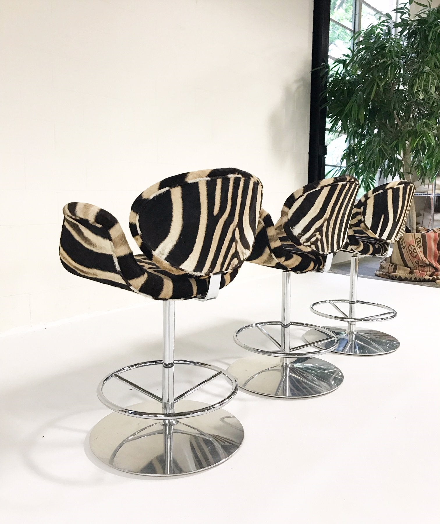 Pierre Paulin Tulip Counter Stool Chairs in Zebra Hide - Set of 3
