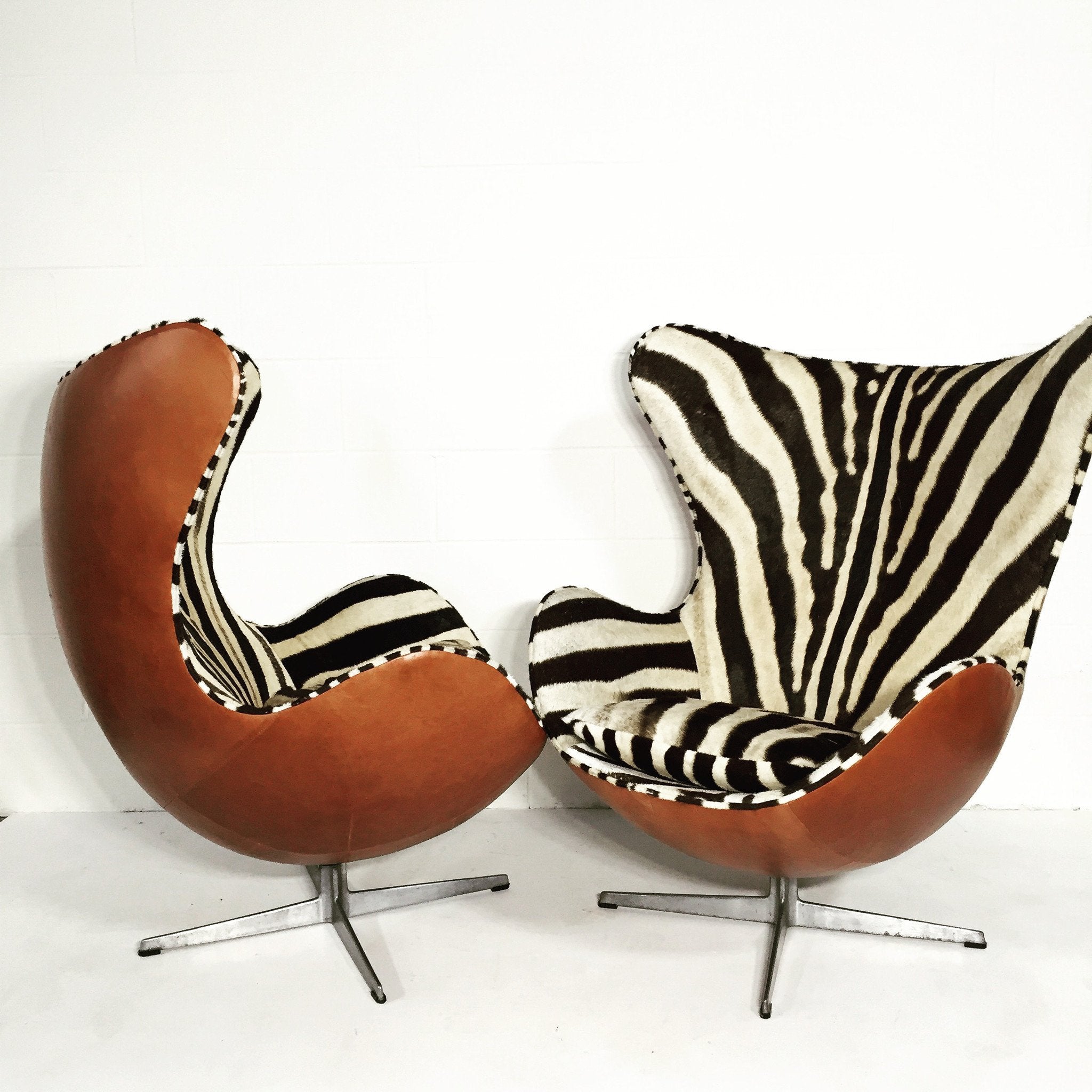 Arne Jacobsen for Fritz Hansen Egg Chairs in Zebra Hide and Leather