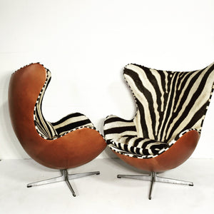 Arne Jacobsen for Fritz Hansen Egg Chairs in Zebra Hide and Leather