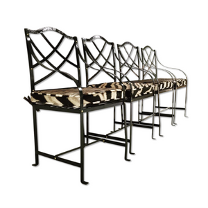 Iron Garden Dining Chairs Painted Farrow & Ball Blue Black with Zebra Hide Cushions - Set of 4