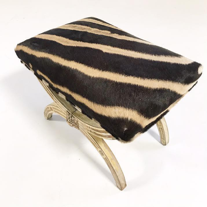 19th Century Italian Regency Stool Ottoman Bench Reupholstered in Zebra Hide