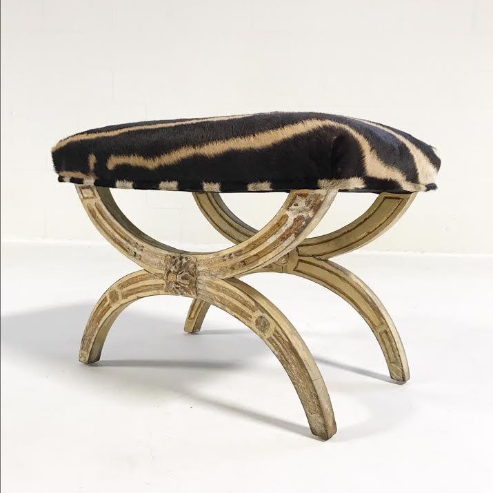 19th Century Italian Regency Stool Ottoman Bench Reupholstered in Zebra Hide