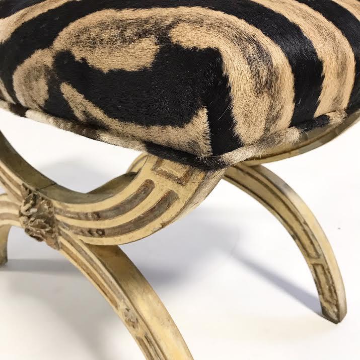19th Century Italian Regency Stool Ottoman Bench Reupholstered in Zebra Hide