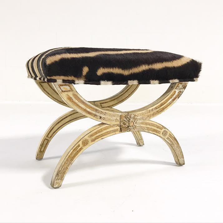 19th Century Italian Regency Stool Ottoman Bench Reupholstered in Zebra Hide