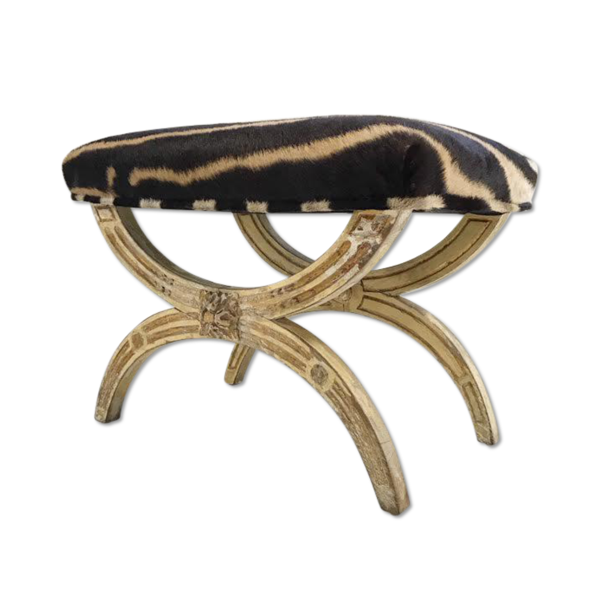 19th Century Italian Regency Stool Ottoman Bench Reupholstered in Zebra Hide
